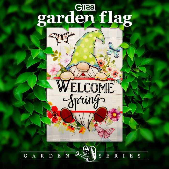 G128 Welcome Spring Gnome Flowers Garden Flag 12x18 In Double Sided Spring Yard Garden Lawn Decoration