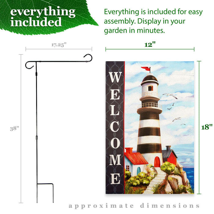G128 Combo Pack: Garden Flag Stand 36x16IN & Garden Flag Welcome Lighthouse Beach Printed 12x18IN Double Sided
