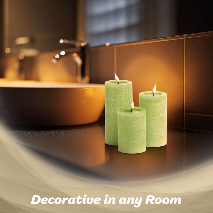 G128 set of three green flameless LED pillar candles in 6, 5, and 4 inch heights