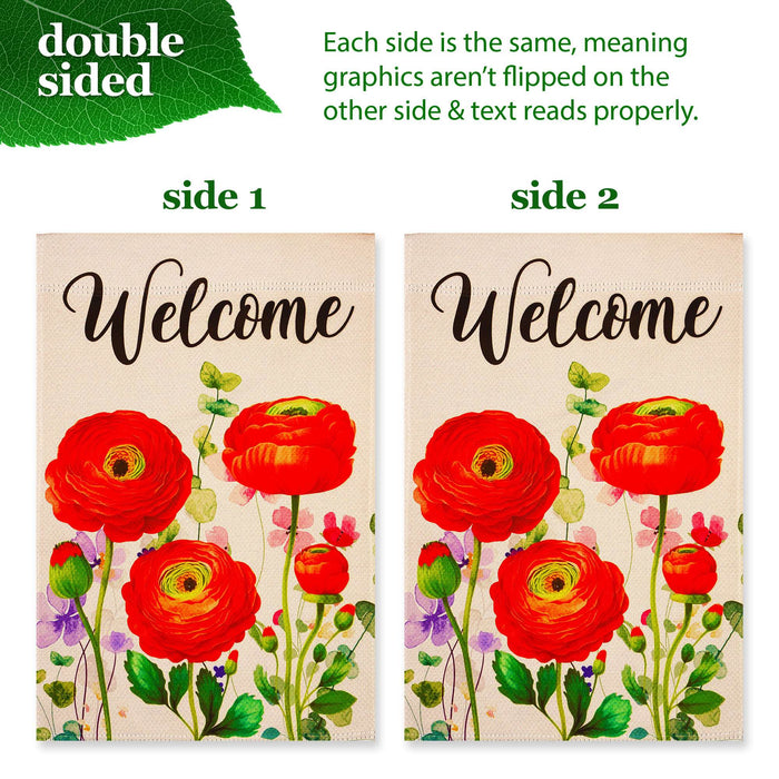 G128 Combo Pack Garden Flag Stand Black 36x16IN & Garden Flag Spring Welcome Red Orange Flowers Printed 12x18IN Double Sided Yard Garden Lawn Decoration