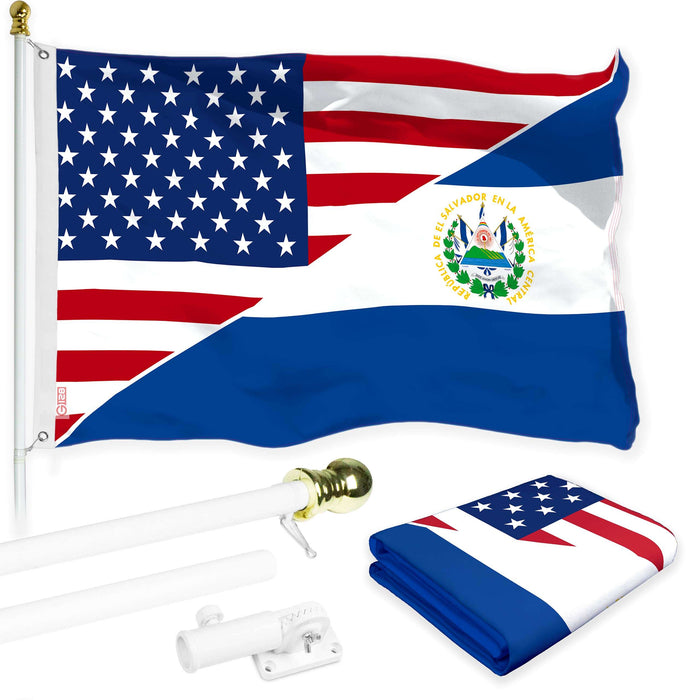 G128 Combo Pack: 6 Ft Tangle Free Aluminum Spinning Flagpole (White) & El Salvador USA Friendship Flag | 3x5 Ft |LiteWeave Pro Series Printed 150D Polyester | Pole with Flag Included