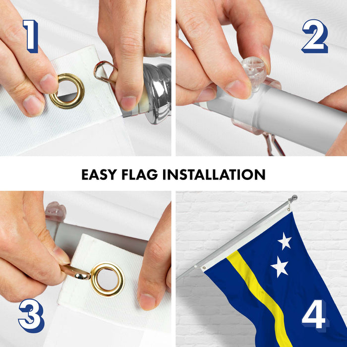 G128 Combo Pack: 6 Ft Twist Free Aluminum Spinning Flagpole (Silver) & Curacao Flag | 3x5 Ft | LiteWeave Pro Series Printed 150D Polyester | Pole with Flag Included