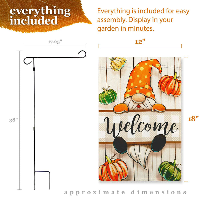 G128 Combo Pack: Garden Flag Stand 36x16IN & Garden Flag Autumn Welcome Gnome Printed 12x18IN Double Sided