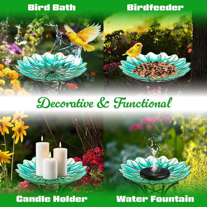 G128 19 Inch Height Glass Bird Baths with Metal Stand | Decorative Green BirdBaths Bowl Outdoor Garden Bird Feeder