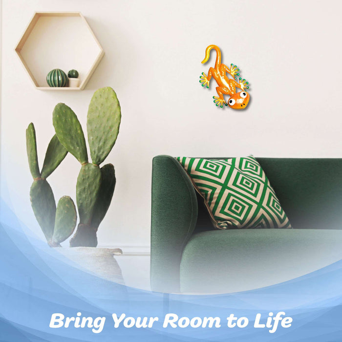 G128 orange gecko lizard metal wall art hanging decor, 9 inch nominal size
