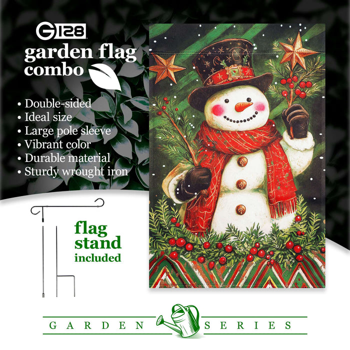 G128 36x16IN Garden Flag Stand & 12x18 Christmas Red Scarf Snowman Flag Kit
