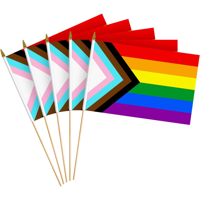 G128 10 Pack Handheld LGBT Progress Rainbow Pride Stick Flags | 8x12 In | Printed 150D Polyester, Country Flag, Solid Plastic Stick, Spear White Tip