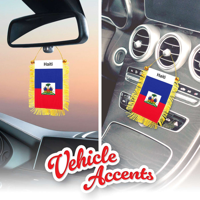 G128 2 Pack: Haiti Haitian Fringy Flag | 3x5IN | Fringy Hanging Double Sided Flag with Suction Cup, Window and Car Rearview Mirror Decor