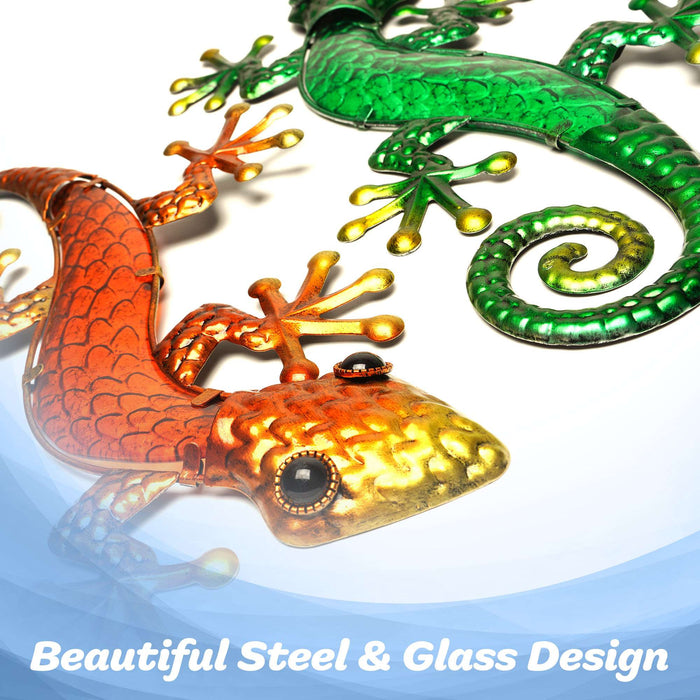 G128 Lizard Gecko Metal Wall Art Set | Green Orange Gecko Lizard Metal Indoor Outdoor Wall Art Hanging Decor for Bedroom, Living Room, Garden, Patio