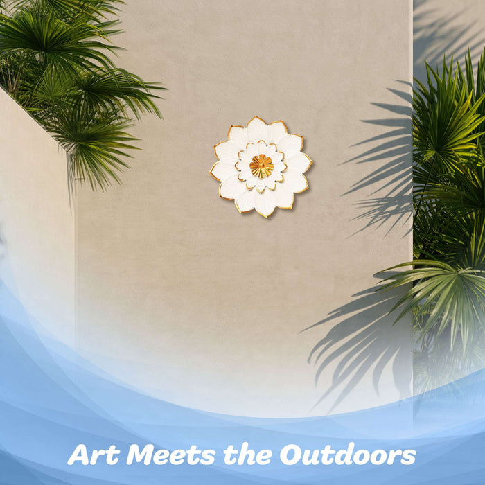 G128 9 IN White and Gold Metal Flower Wall Art | Elegant Floral Wall Hanging Decor for Indoor Living Room Bedroom Office Outdoor Garden Patio Yard