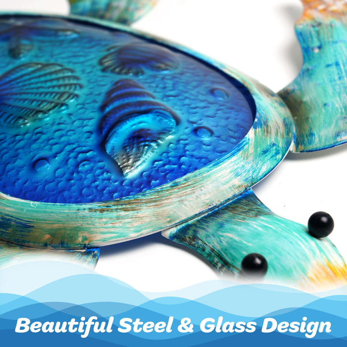 G128 coastal sea turtle metal wall art with glass inlay, 13 inch nominal size