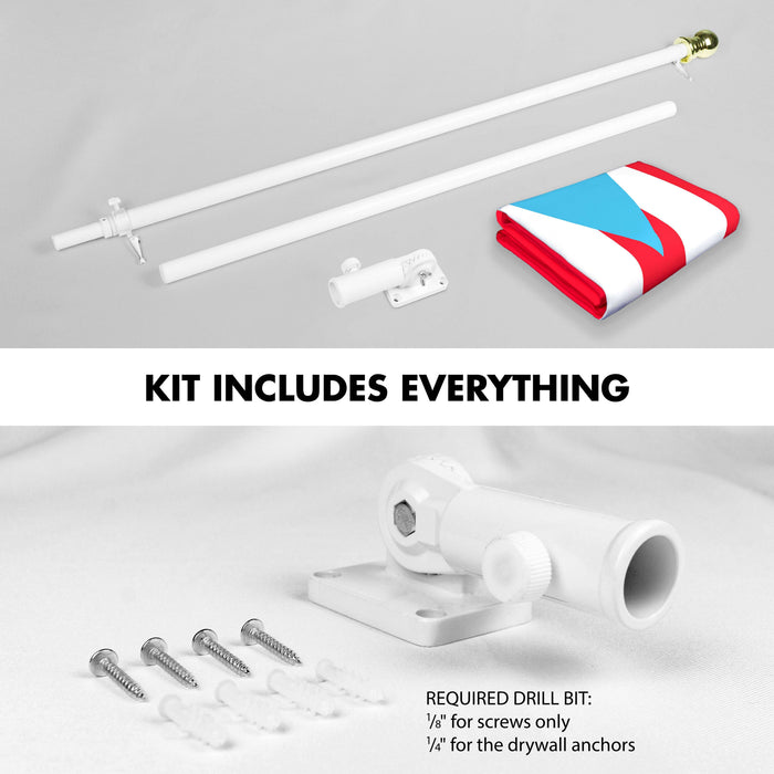 G128 Combo Pack: 5 Ft Twist Free Aluminum Spinning Flagpole (White) & Puerto Rico Light Blue PR Flag | 2x3 Ft | LiteWeave Pro Series Printed 150D Polyester | Pole with Flag Included