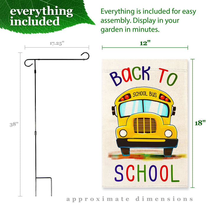 G128 Combo Pack: Garden Flag Stand 36x16IN & Garden Flag Back to School Bus Printed 12x18IN Double Sided
