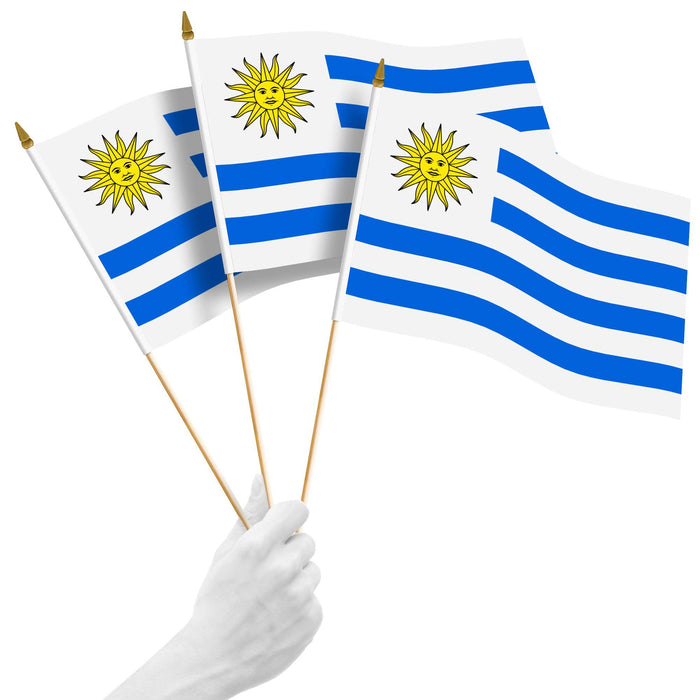 G128 10 Pack Handheld Uruguay Stick Flags | 12x18 In | Printed 150D Polyester, Country Flag, Solid Plastic Stick, Spear White Tip