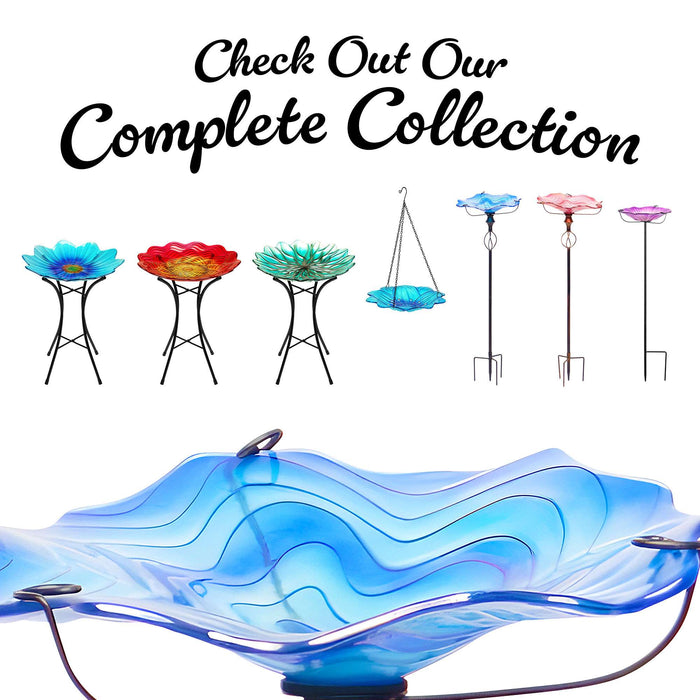 G128 32 Inch Height Glass Bird Baths with Metal Stake | Decorative Blue Outdoor Garden Bird Feeder