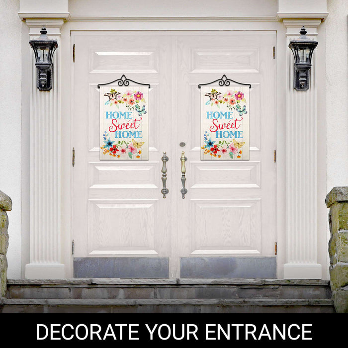 G128 Combo Pack Garden Flag Hanger 14IN & Garden Flag Home Sweet Home Butterflies Printed 12x18IN Double Sided