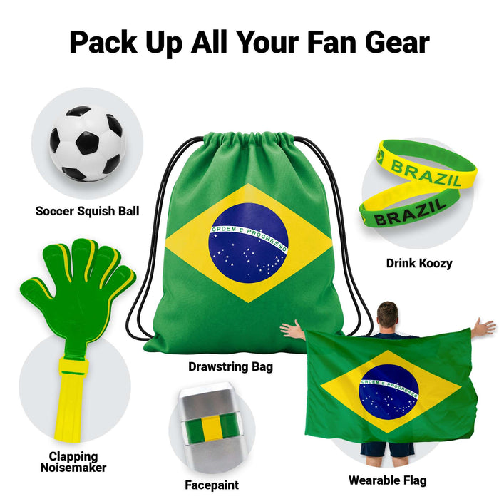 G128 World Soccer Tournament 2026 Cup Soccer Fan Set 6PCS, Brazil Fan Merch with Flag and Bracelet, Accessories for Sports Parties