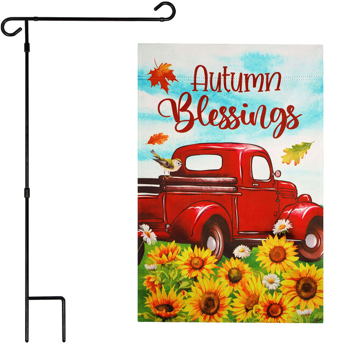 G128 36x16IN Garden Flag Stand & 12x18 Autumn Blessings Red Truck Flag Kit