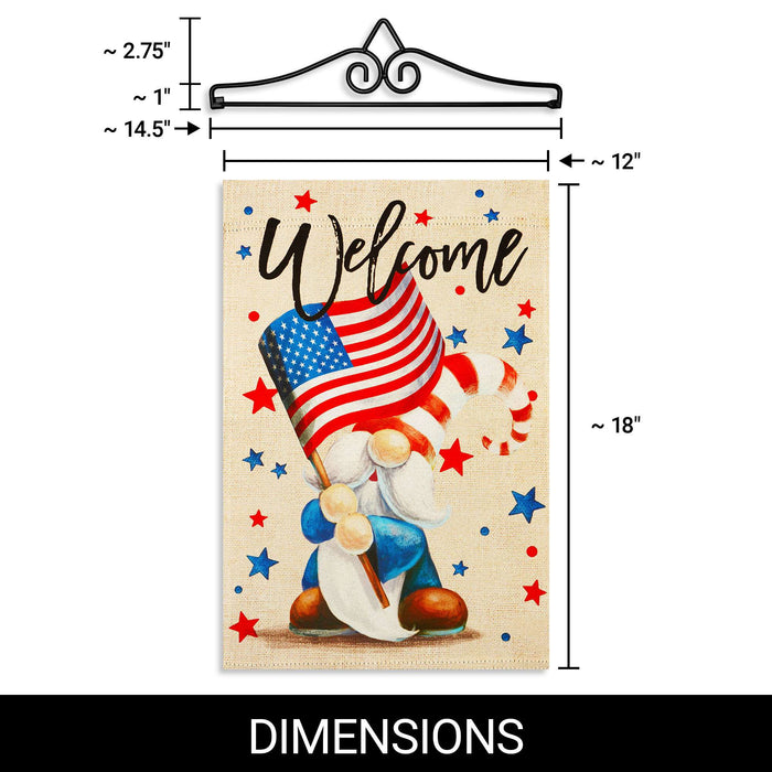 G128 Combo Pack Garden Flag Hanger 14IN & Garden Flag Welcome Patriotic Gnome Printed 12x18IN Double Sided