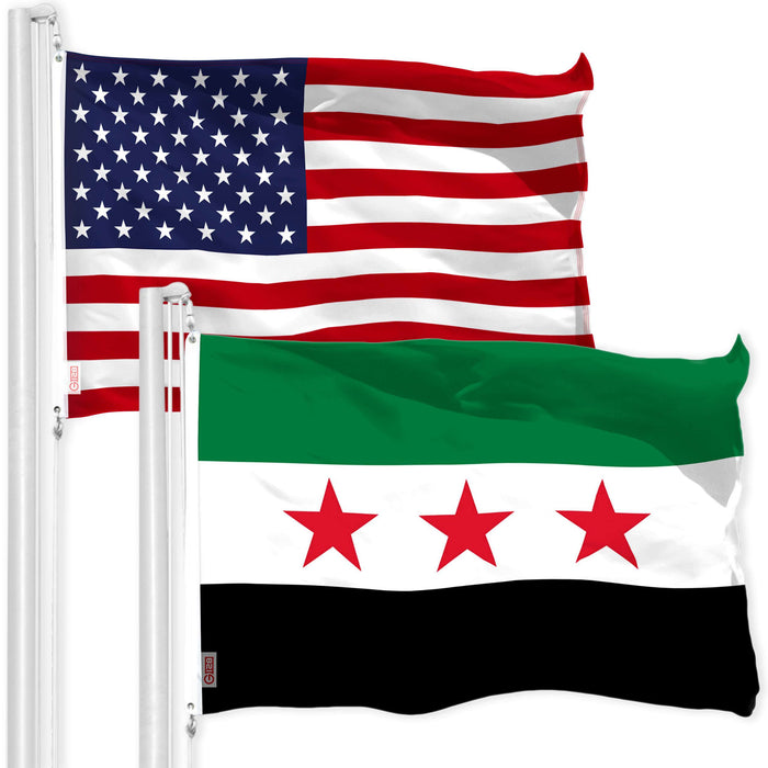 G128 Combo Pack: American USA Flag 3x5 Ft & Republic of Syria Flag 3x5 Ft | Both LiteWeave Pro Series Printed 150D Polyester, Brass Grommets