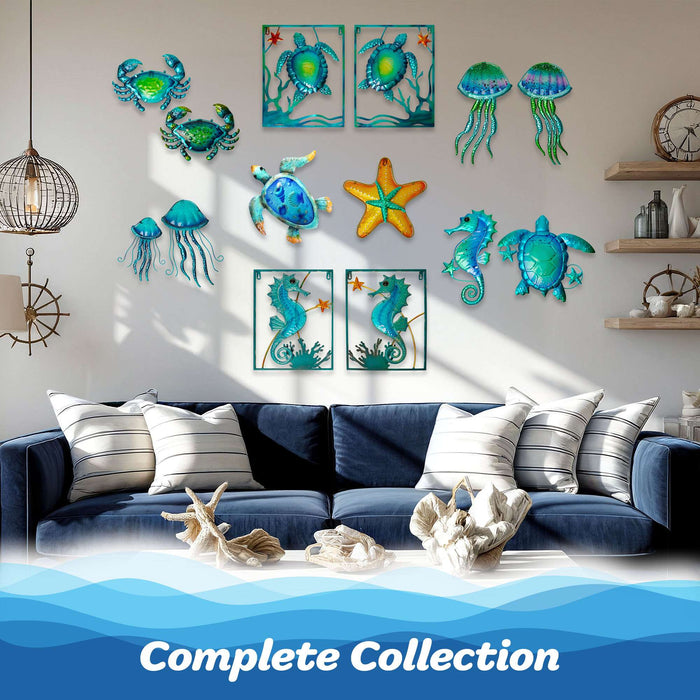 G128 coastal sea turtle metal wall art with glass inlay, 13 inch nominal size