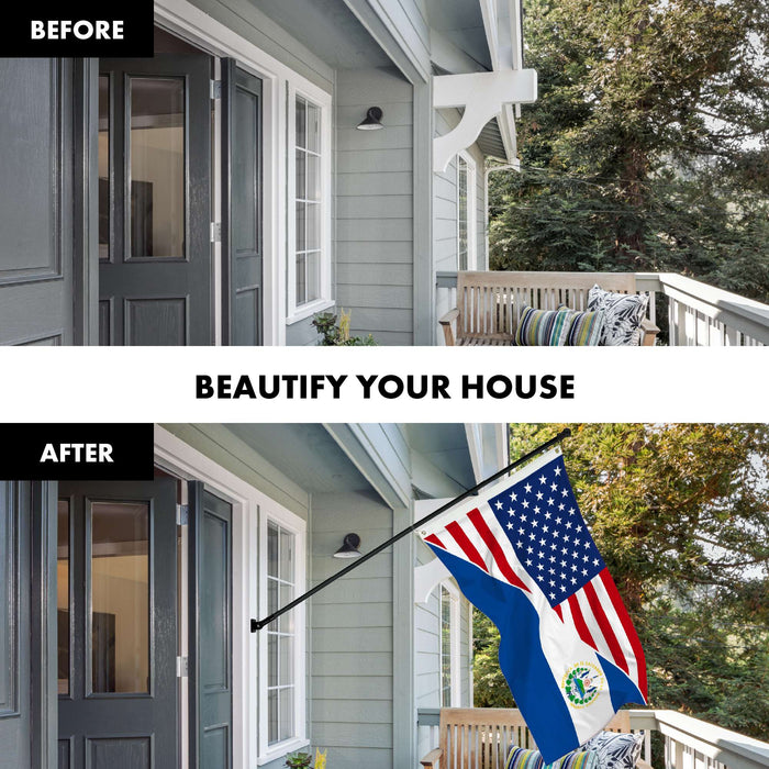 G128 Combo Pack: 6 Ft Tangle Free Aluminum Spinning Flagpole (Black) & El Salvador USA Friendship Flag | 3x5 Ft |LiteWeave Pro Series Printed 150D Polyester | Pole with Flag Included