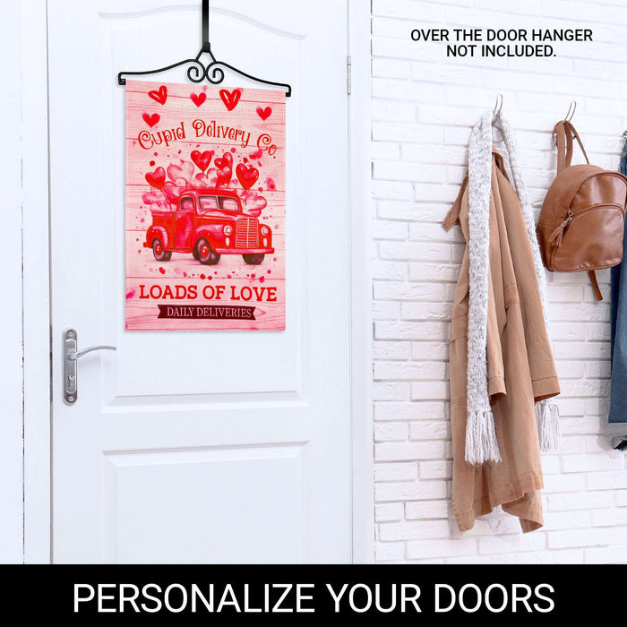 G128 Combo Pack Garden Flag Hanger 14IN & Garden Flag Valentine's Day Cupid Delivery Truck Printed 12x18IN Double Sided Yard Garden Lawn Decoration