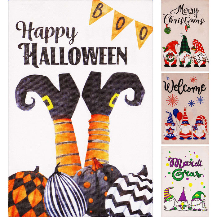 G128 set of 4 halloween, christmas, mardi gras gnomes garden flags, 12x18 inch