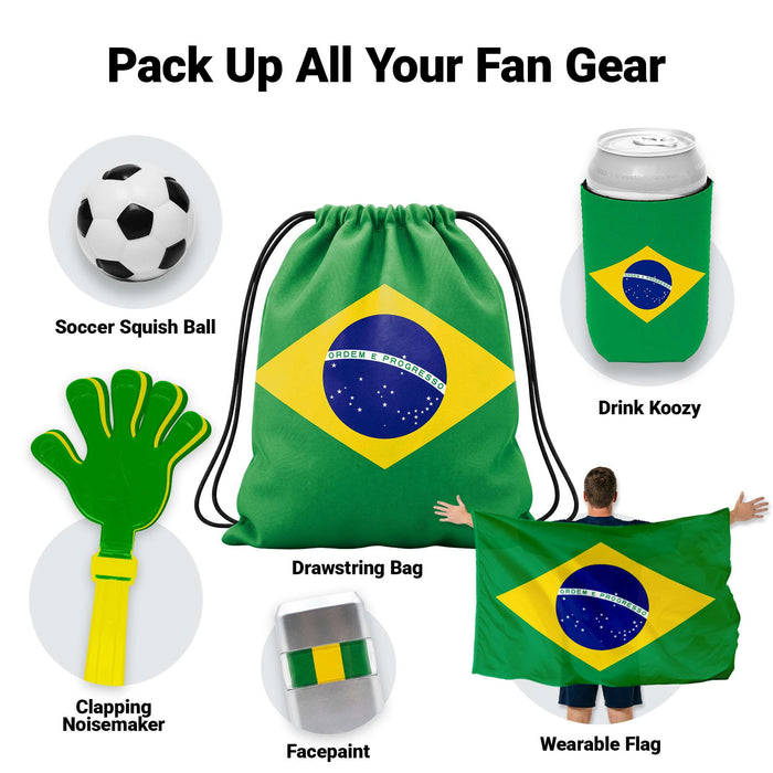 G128 World Soccer Tournament 2026 Cup Soccer Fan Set 6PCS, Brazil Fan Merch with Flag and Koozie, Accessories for Sports Parties