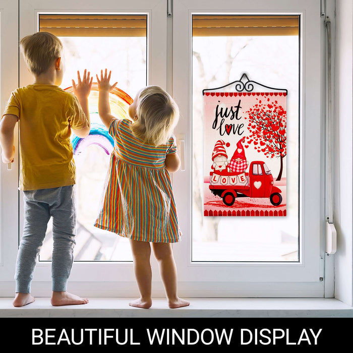 G128 Combo Pack Garden Flag Hanger 14IN & Garden Flag Valentine's Day Just Love Gnome Truck Printed 12x18IN Double Sided Yard Garden Lawn Decoration