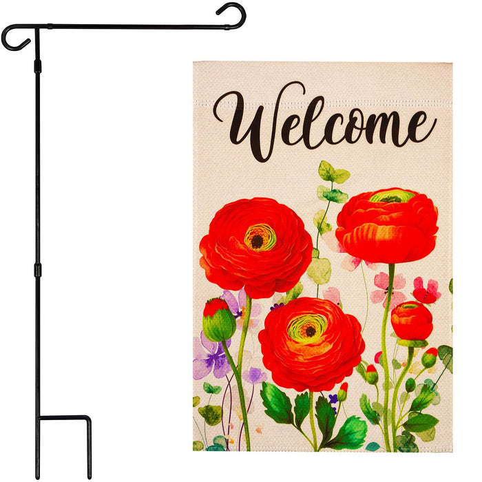 G128 Combo Pack Garden Flag Stand Black 36x16IN & Garden Flag Spring Welcome Red Orange Flowers Printed 12x18IN Double Sided Yard Garden Lawn Decoration