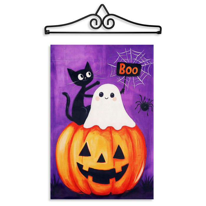 G128 12x18IN Halloween Ghost Cat Pumpkin Garden Flag with 14IN Hanger