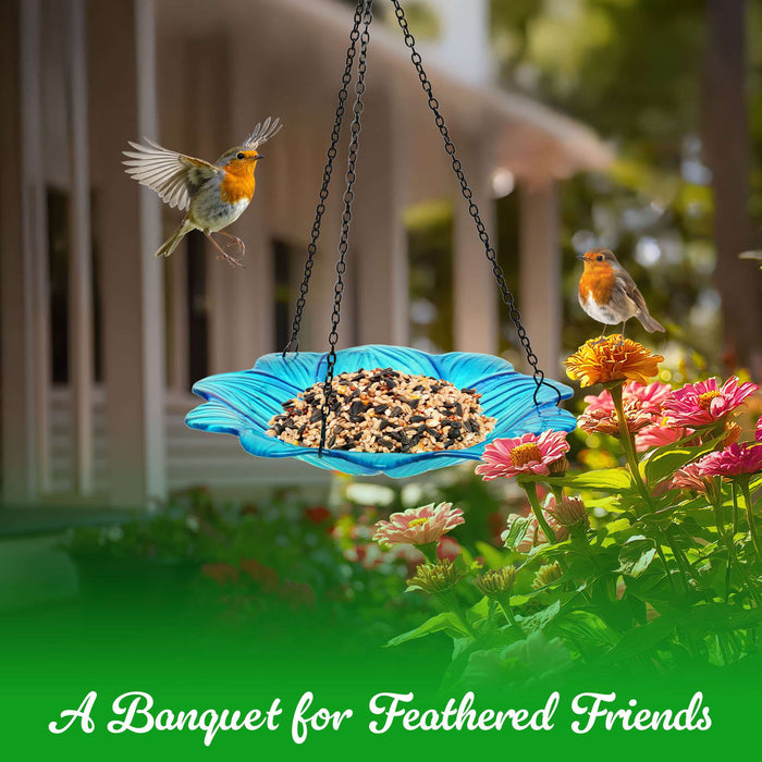 G128 Hanging Glass Bird Bath Outdoor Bird Feeder 10-inch for Garden Decoration Blue Flower Design