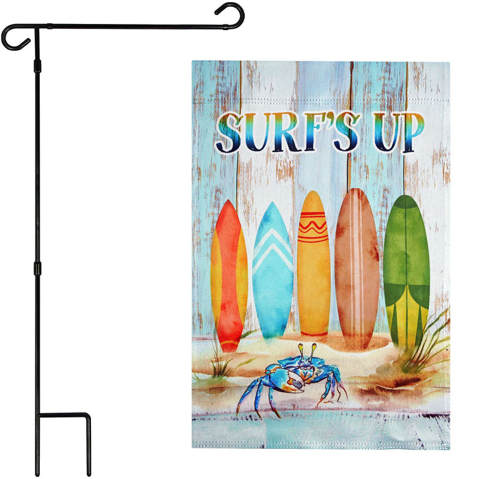 G128 36x16IN Garden Flag Stand & 12x18 Surfs Up Surfboard Flag Kit