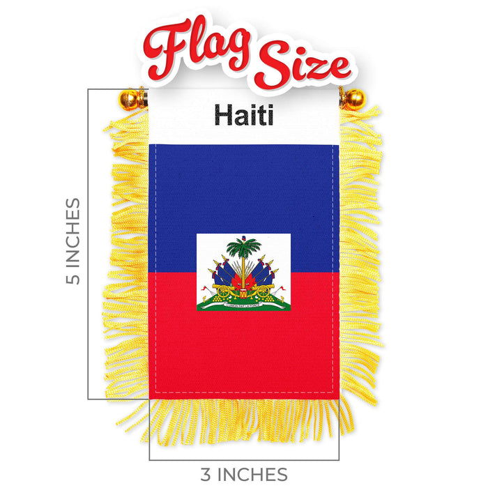 G128 2 Pack: Haiti Haitian Fringy Flag | 3x5IN | Fringy Hanging Double Sided Flag with Suction Cup, Window and Car Rearview Mirror Decor