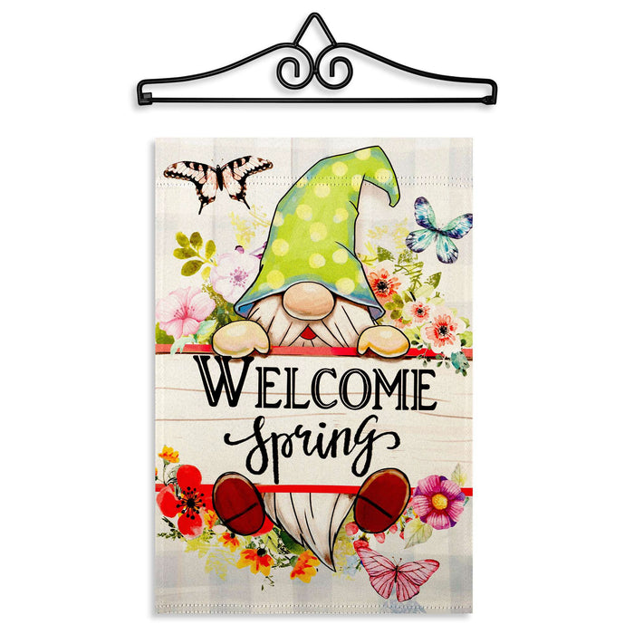 G128 Combo Pack Garden Flag Hanger 14IN & Garden Flag Welcome Spring Gnome Flowers Printed 12x18IN Double Sided