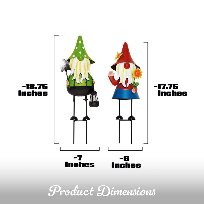 G128 Solar Gnome Garden Statues Set of 2 | 18IN Metal Gnome Outdoor Decorations with LED Lights for Garden, Lawn, Patio