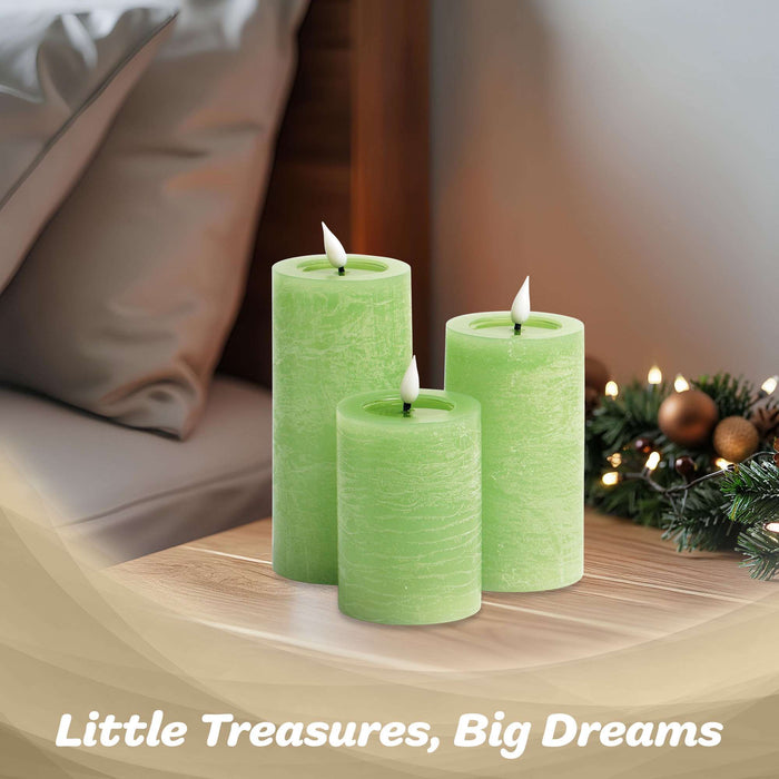 G128 set of three green flameless LED pillar candles in 6, 5, and 4 inch heights