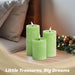 G128 set of three green flameless LED pillar candles in 6, 5, and 4 inch heights