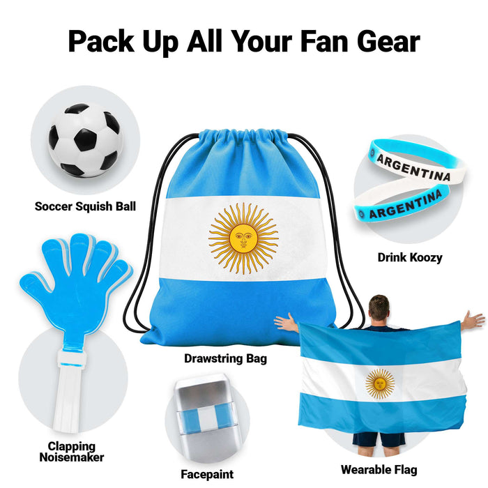 G128 World Soccer Tournament 2026 Cup Soccer Fan Set 6PCS, Argentina Fan Merch with Flag and Bracelet, Accessories for Sports Parties