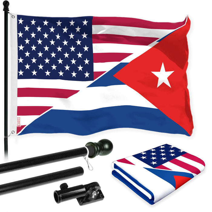 G128 Combo Pack: 6 Ft Twist Free Aluminum Spinning Flagpole (Black) & Cuba USA Friendship Flag | 3x5 Ft | LiteWeave Pro Series Printed 150D Polyester | Pole with Flag Included