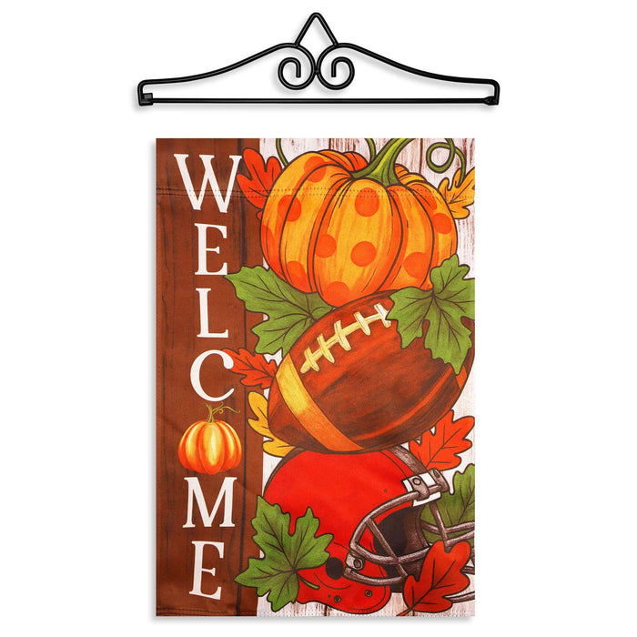 G128 12x18IN Welcome Fall Football Pumpkin Garden Flag with 14IN Hanger