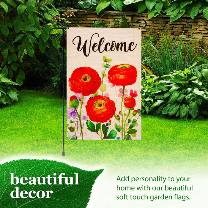 G128 Combo Pack Garden Flag Stand Black 36x16IN & Garden Flag Spring Welcome Red Orange Flowers Printed 12x18IN Double Sided Yard Garden Lawn Decoration