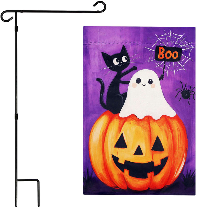G128 36x16IN Garden Flag Stand & 12x18 Halloween Ghost Cat Flag Kit