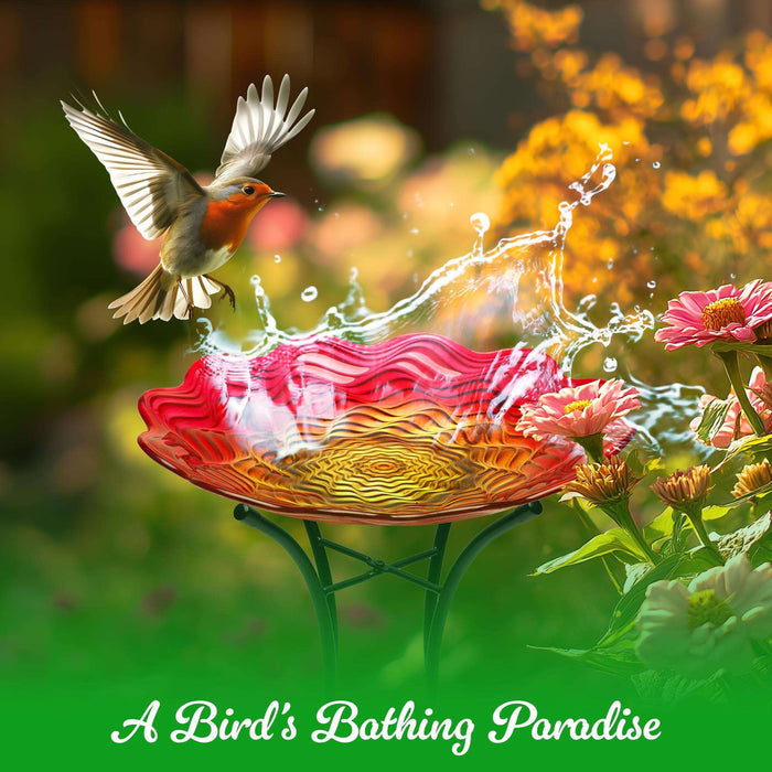 G128 19 Inch Height Glass Bird Baths with Metal Stand | Decorative Red BirdBaths Bowl Outdoor Garden Bird Feeder