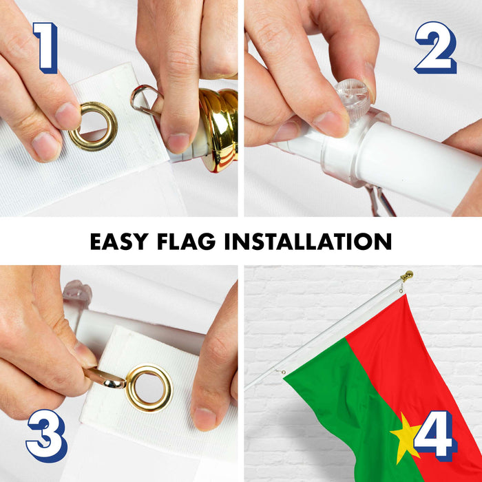 G128 Combo Pack: 6 Ft Twist Free Aluminum Spinning Flagpole (White) & Burkina Faso Flag | 3x5 Ft | LiteWeave Pro Series Printed 150D Polyester | Pole with Flag Included
