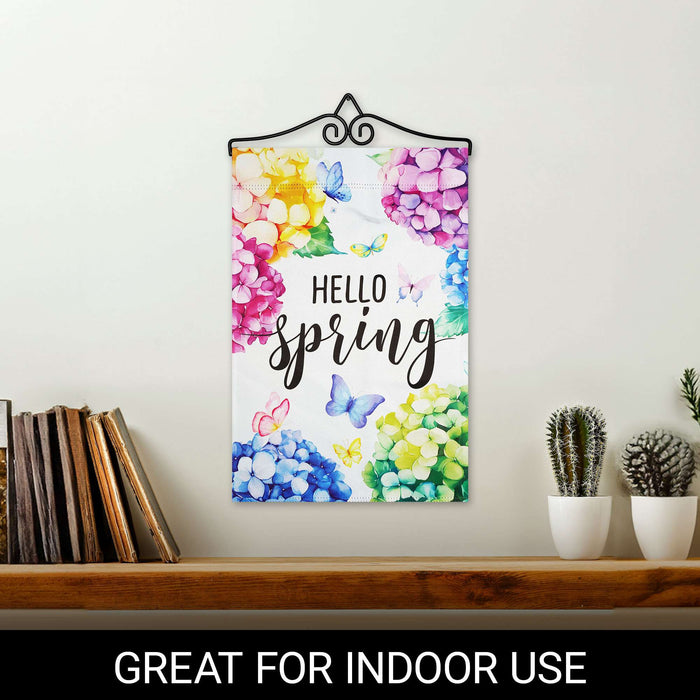 G128 12x18IN Hello Spring Hydrangea Butterfly Garden Flag with 14IN Hanger