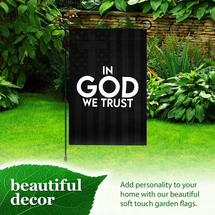 G128 Combo Pack Garden Flag Stand Black 36x16IN & Garden Flag In God We Trust Patriotic Printed 12x18IN Double Sided Yard Garden Lawn Decoration