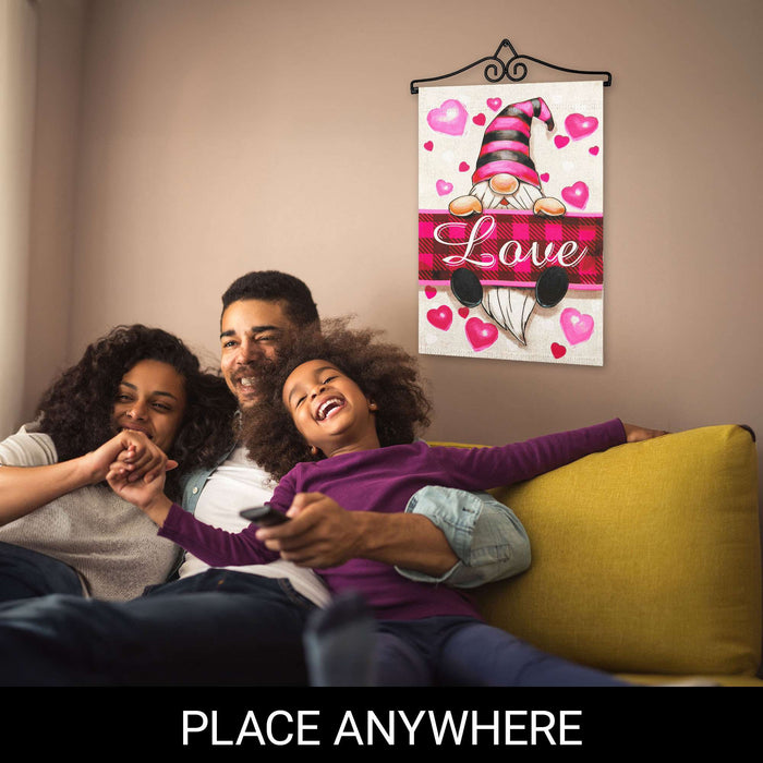 G128 Combo Pack Garden Flag Hanger 14IN & Garden Flag Happy Valentine's Day Love Gnome Printed 12x18IN Double Sided