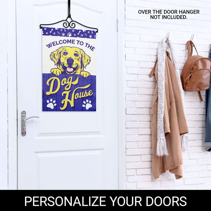 G128 Combo Pack Garden Flag Hanger 14IN & Garden Flag Welcome to the Dog House Yellow Labrador Printed 12x18IN Double Sided Yard Lawn Decoration